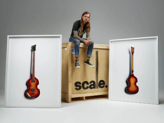 Scale Exhibition at Spaces Unlocked – framed guitar artwork with custom stencil crate produced by Laser Cutting Services