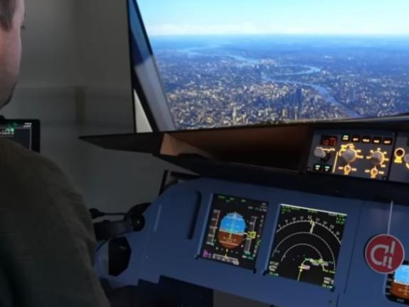 A320 simularor with view out from cockpit