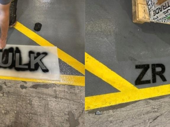 Composite image of ZR BULK stencil being painted and the finished result
