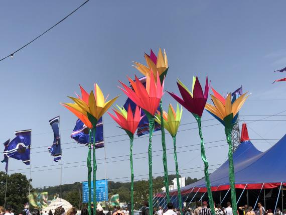Giant laser cut daffodils at Glastonbury music festival