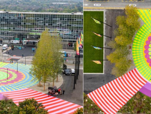 Overhead views of Britain's Largest floor mural in Milton Keynes