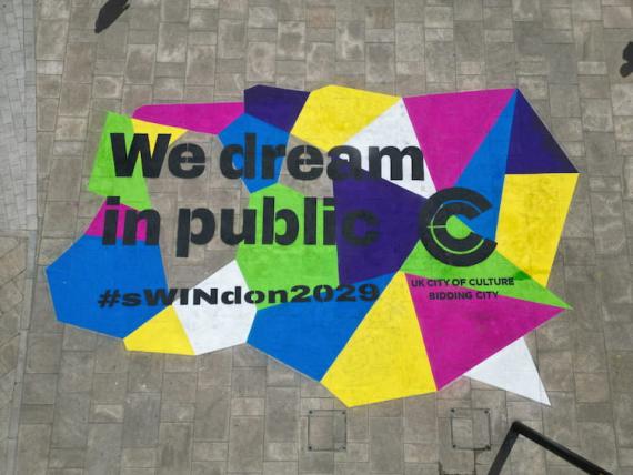 Large We Dream in public stencil for the UK City of Culture #sWINdon2029