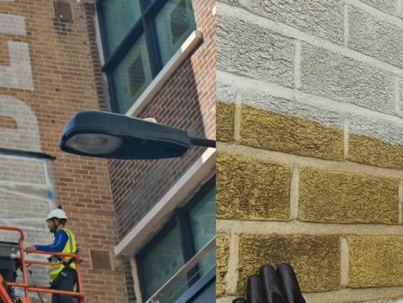Application of large format logo on historic brickwork for Lucas UK