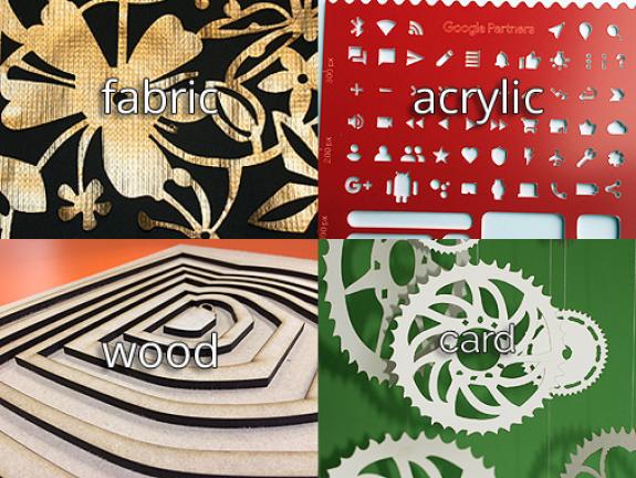 Montage showing materials that can be laser cut including acrylic, card, fabric and wood