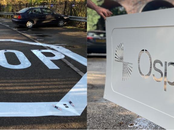 Large STOP sign for road marking and Osprey logo stencils