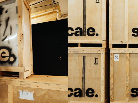 Scale Exhibition crates with laser cut logos stencilled on