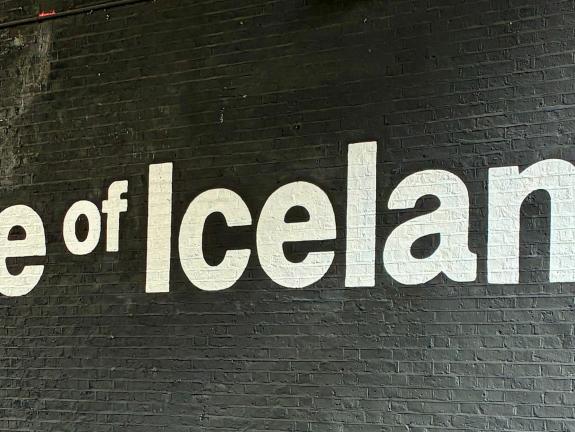 Large Taste of Iceland wall mural - white text on black bricks