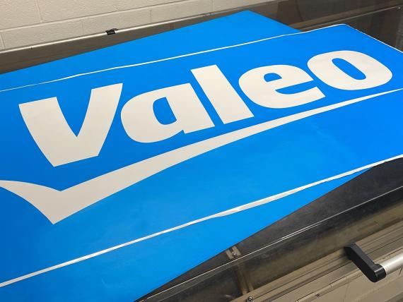 Valeo logo vinyl stencil for flooring revamp