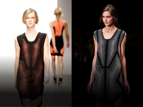 Models wearing laser cut fabric dresses by Jean Pierre Braganza on the Catwalk