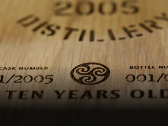 Laser engraved solid oak presentation box for Kilchoman Distillery