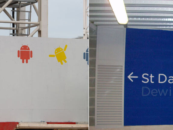 Image showing Google Androids stencilled on construction fencing  and St David's Shopping Centre