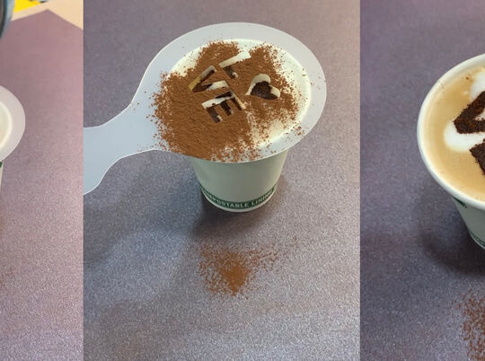 3 steps to stencil love onto a coffee with cocoa powder