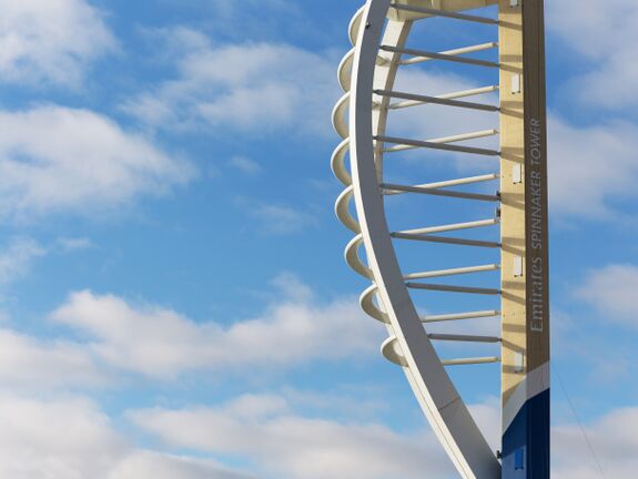 Spinnaker Tower with Emirates branding against blue sky