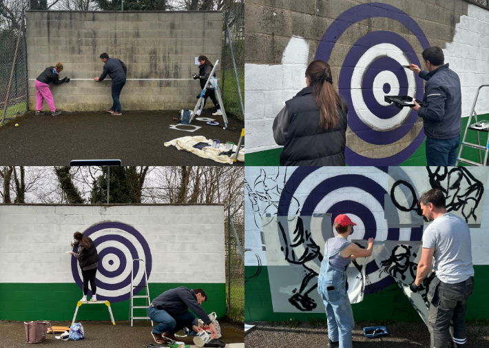 Collage of 4 images showing the Handforth Hall mural being painted on a wall with stencils