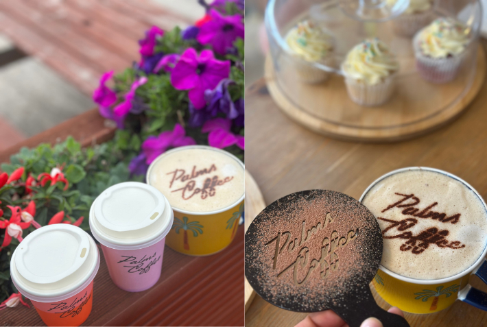 Palms Coffee stencilled with Palms logo and cakes in the background