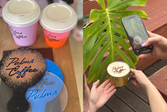 Taking a photo for Palms Coffee stencils social media post