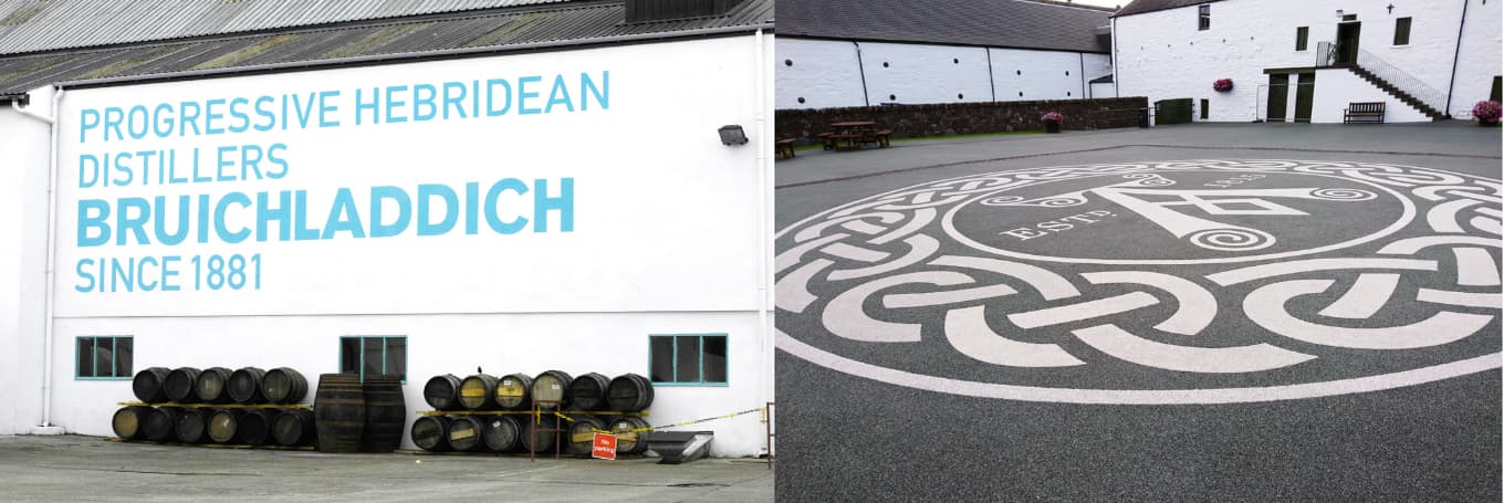 Exterior photo of Bruichladdich Distillery plus a cask stencilled with the Bruichladdich logo