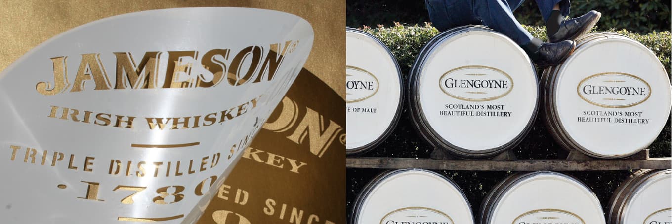 Jameson whiskey bottle and Glengoyne Distillery casks