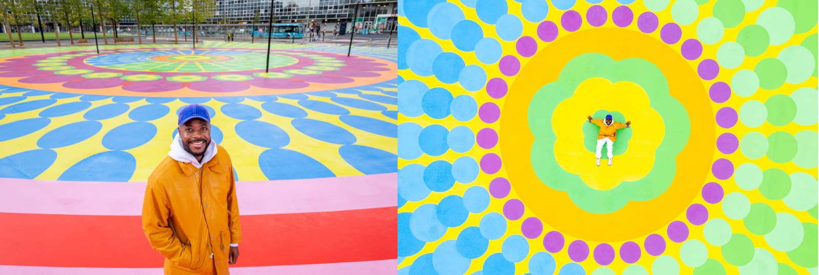 Photo of Yinka Ilori MBE at the mural's unveiling ceremony