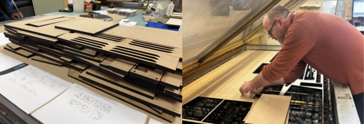 Laser cut MDF panels being cut and stacked on completion