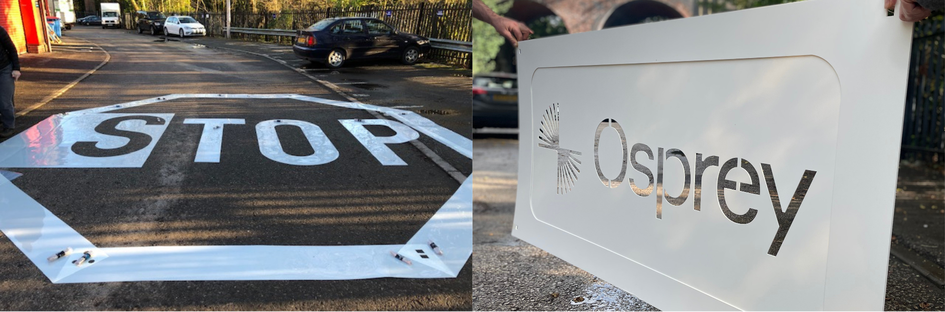 Large STOP sign for road marking and Osprey logo stencils