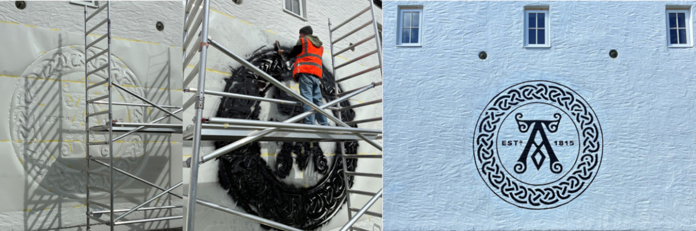 Stages of the Ardbeg Distillery wall logo stencil installation