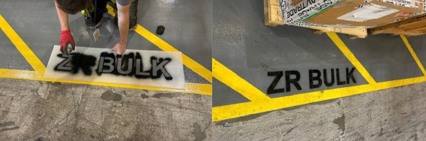 Composite image of ZR BULK stencil being painted and the finished result
