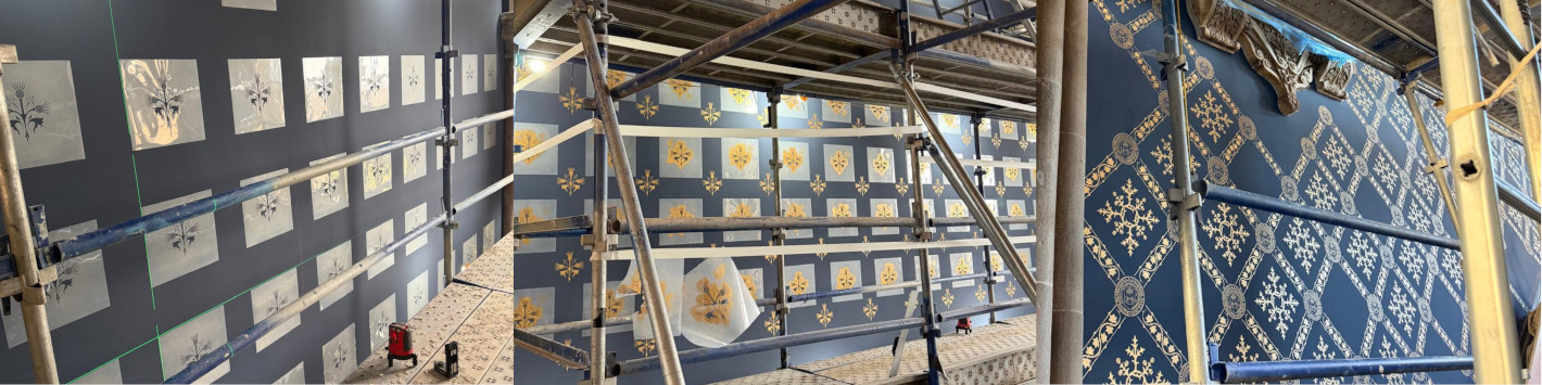 Custom wall stencilling in progress with scaffolding