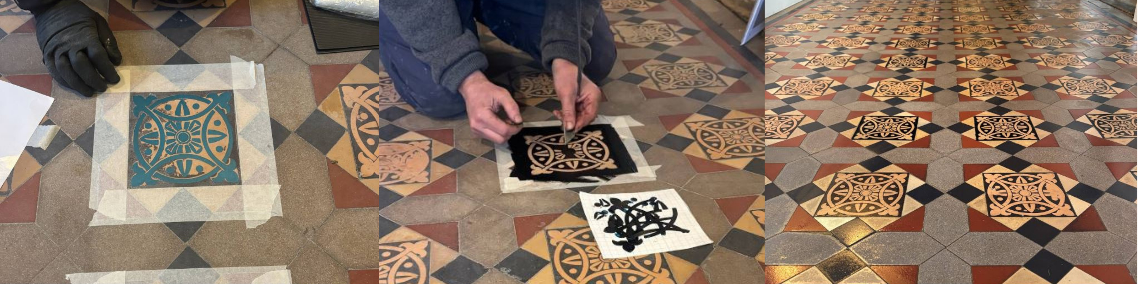 Composite image depicting the steps to restore Victorian tiles